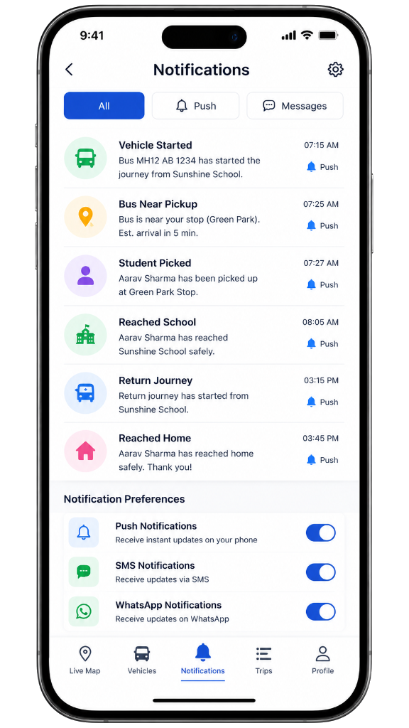 WheelsTracker Parent App Notifications Interface Screenshot